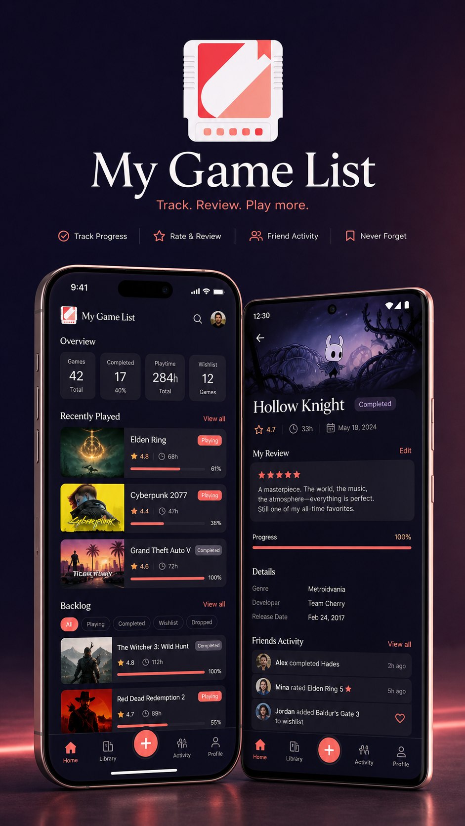 My Game List app mockup showing library, reviews, stats, and activity