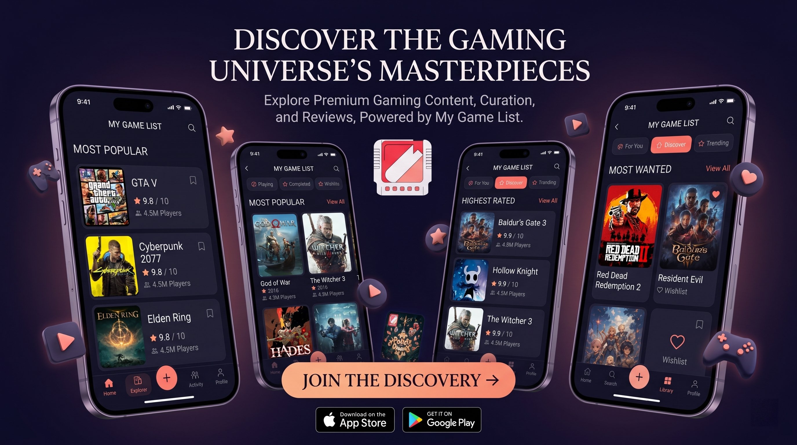 My Game List discovery and charts feature across multiple phone screens