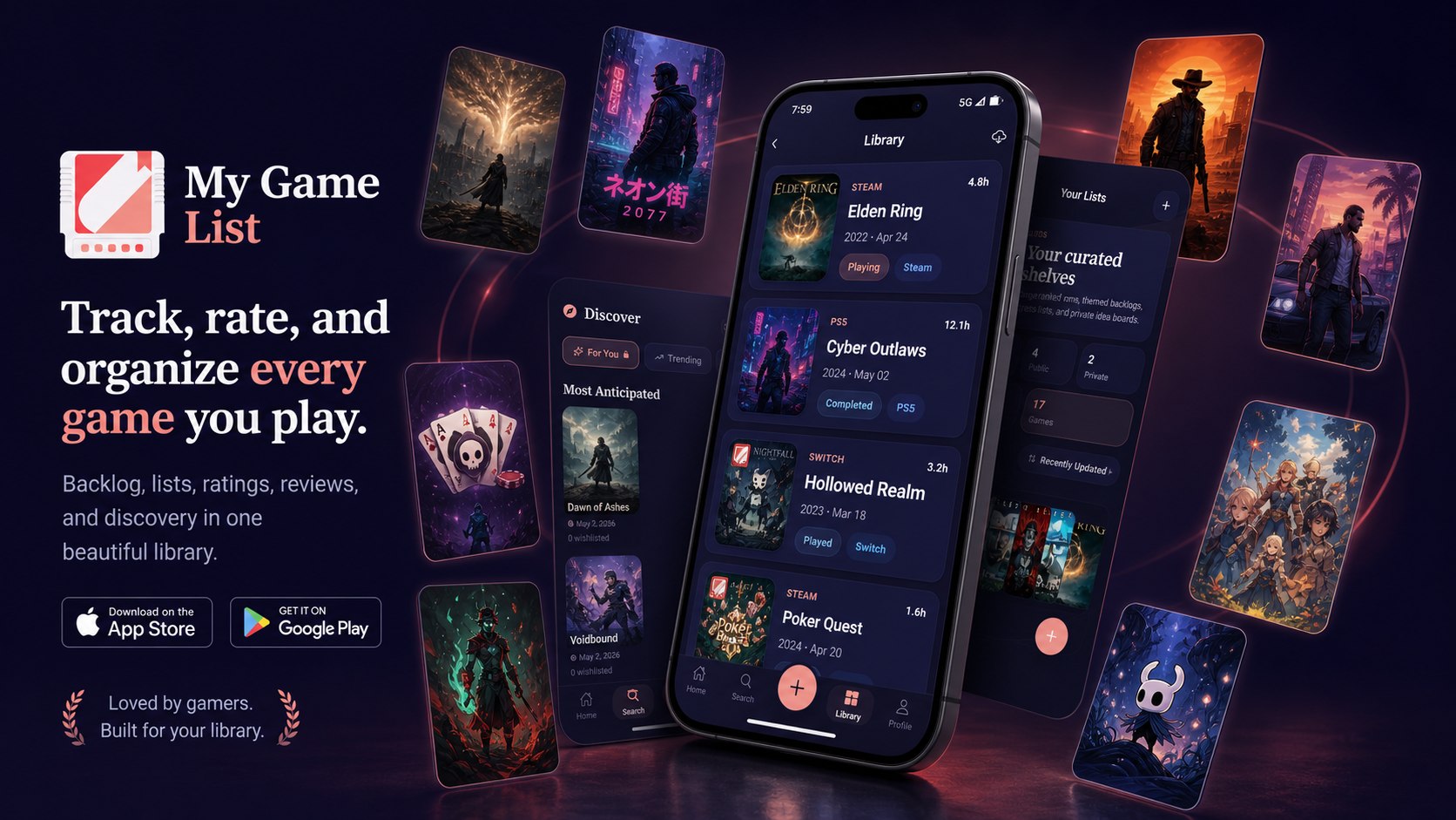 My Game List product hero with app screens and floating game cards