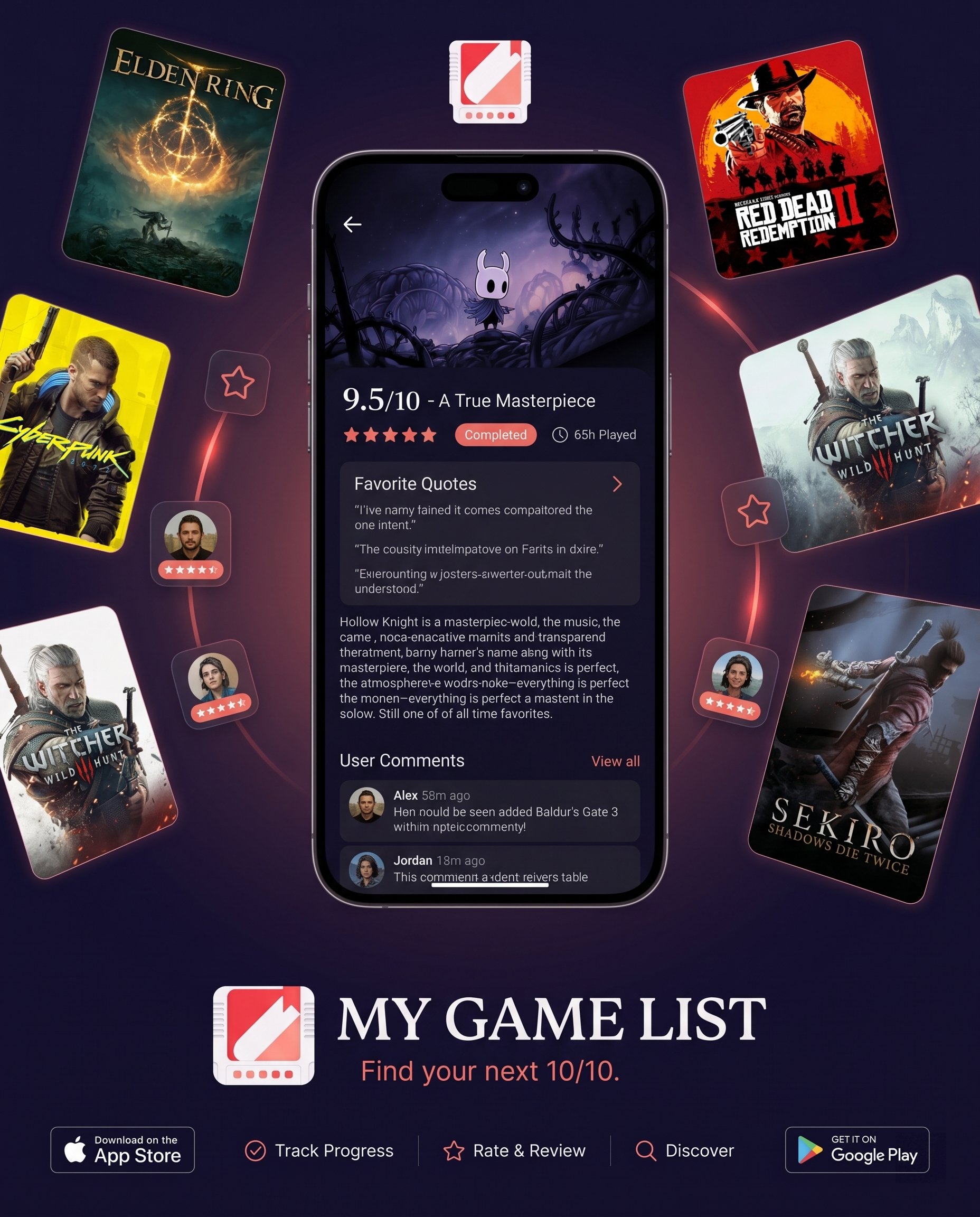 My Game List reviews and ratings feature with game cover art around a phone